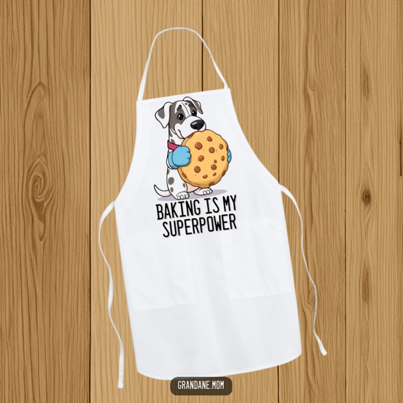 Funny Grand Dane apron, depicting the dog in oven mitts with a giant cookie, ready for kitchen fun. A delightful funny gift for cooks.