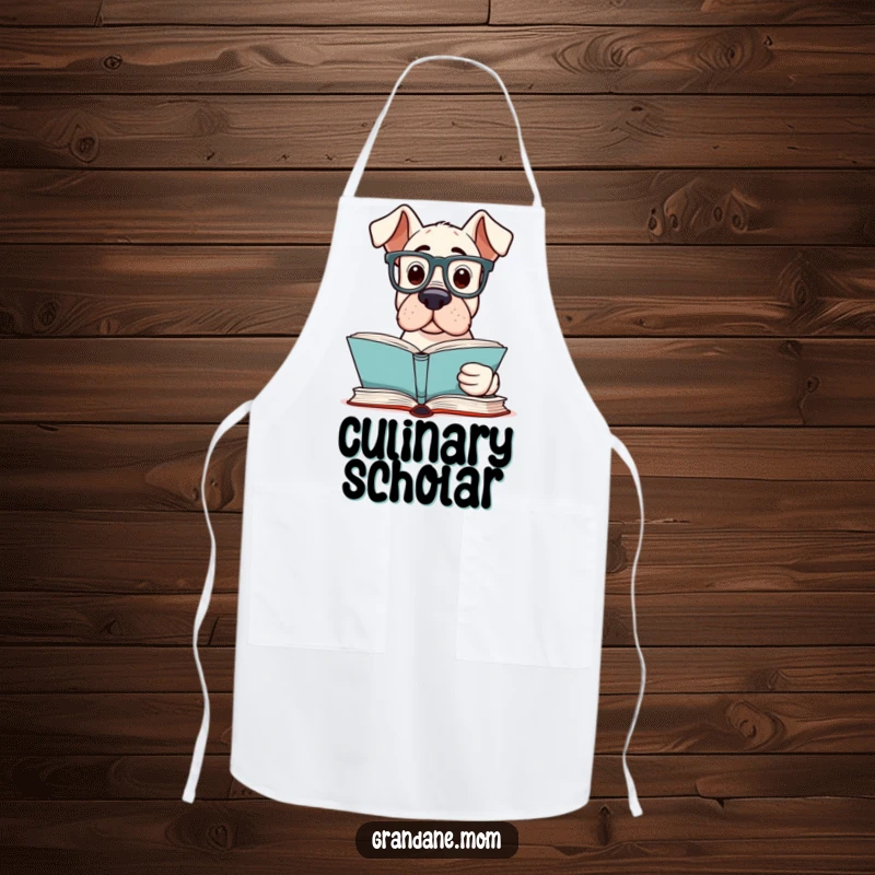 Funny Grand Dane Reader Apron showing a Grand Dane dog in reading glasses, intently reading a book while preparing food.