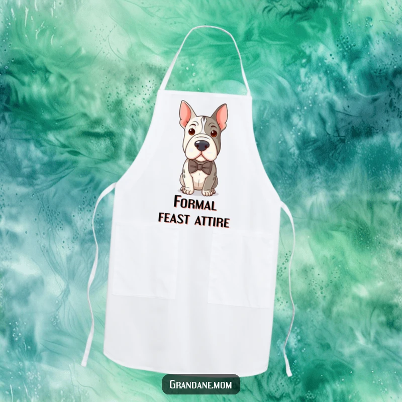 Funny chef apron featuring a distinguished Grand Dane wearing a bow tie, perfect for a humorous cooking experience.