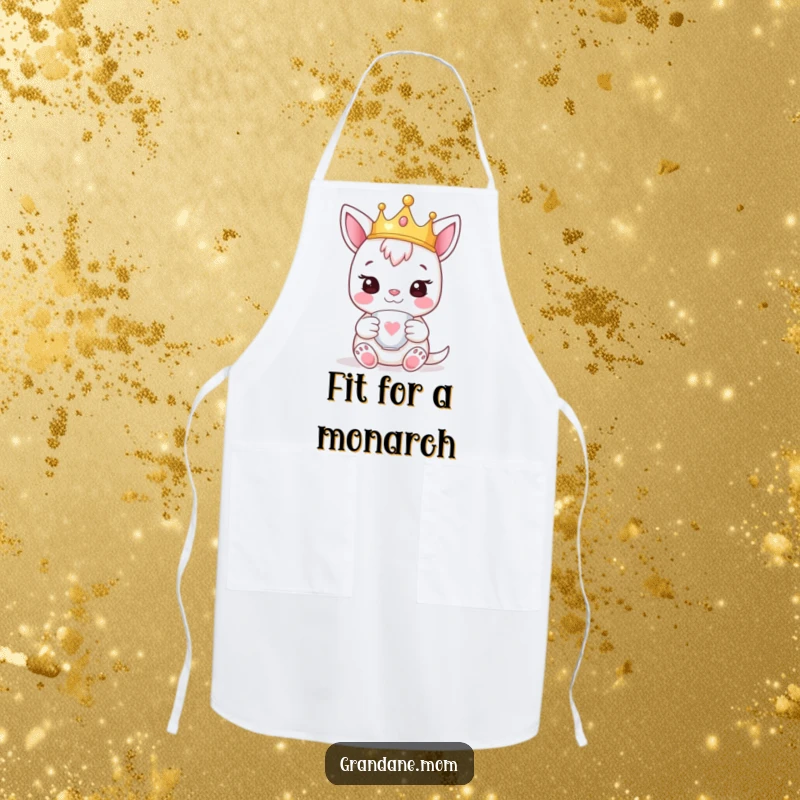Funny daniff apron with a happy pup wearing a tiny crown and holding a teacup, perfect for kitchen adventures.