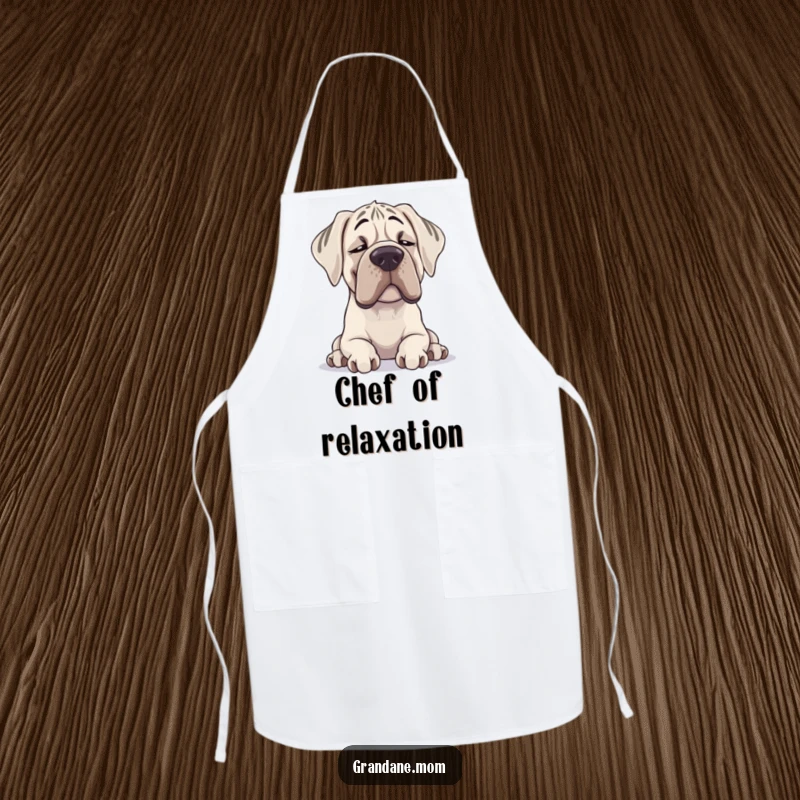 Funny Grand Dane apron featuring a contented sighing dog, ideal for kitchen use, adding a humorous touch to cooking.