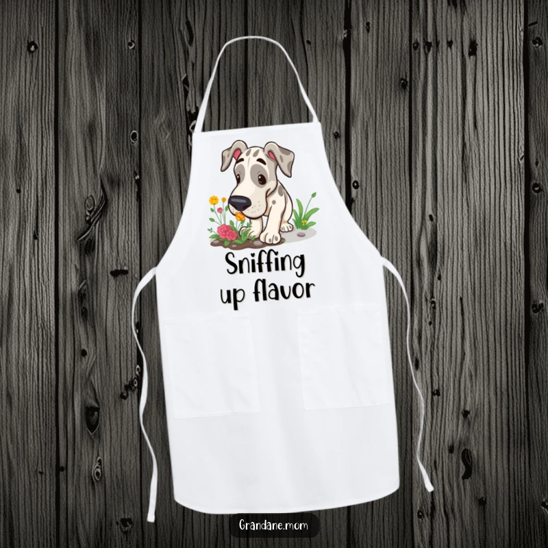 Funny Grand Dane apron showing a large dog curiously sniffing a garden patch, ideal for garden and kitchen fun.