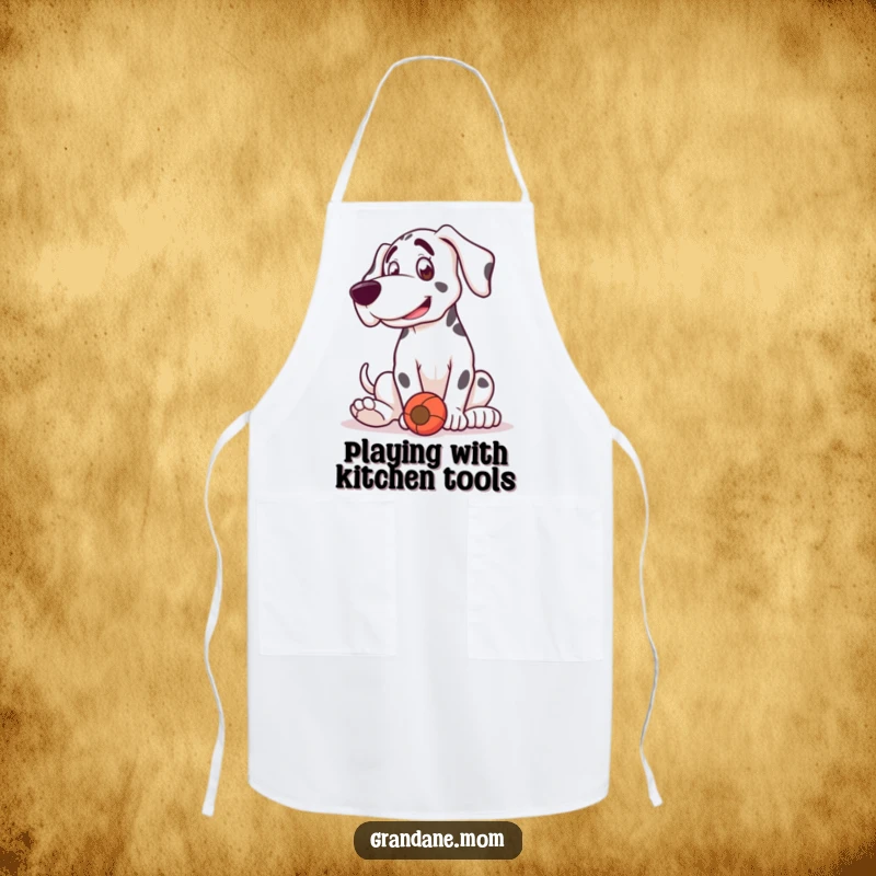 Funny Grand Dane apron showing a dog in a playful bounce, happily engaged with a toy while cooking.