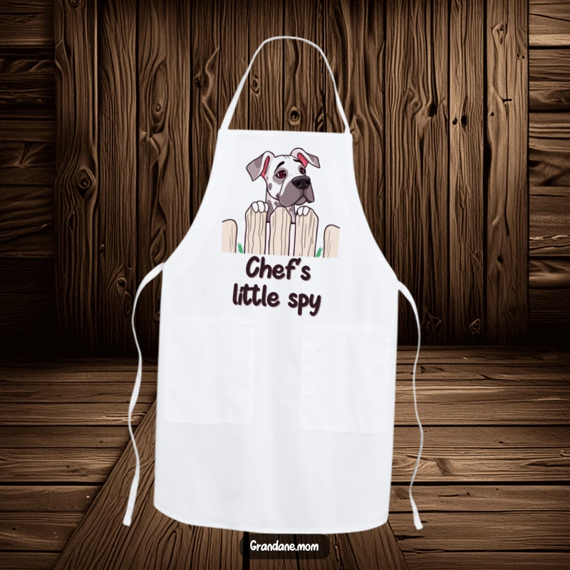 Funny Grand Dane Fence Peek Apron: a big dog peeks over a fence; humorous and practical kitchen wear for dog lovers.