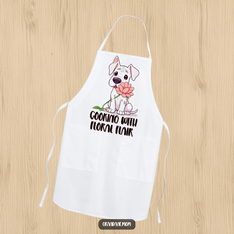 Funny Grand Dane apron, a gentle dog offering a large flower, bringing a sweet gesture to the kitchen.