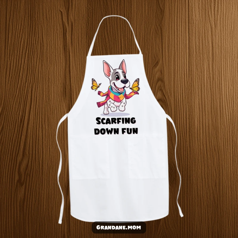 Funny Grand Dane apron for cooking, showing a cheerful dog in a scarf chasing a butterfly, adding humor to the kitchen.