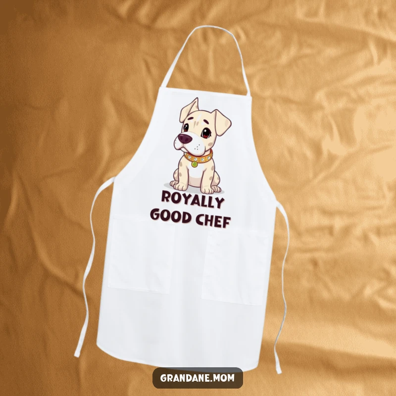 Funny Grand Dane apron, the dog wears a sparkling collar, looking regal and ready to oversee culinary creations. A delightful funny gift for cooks.