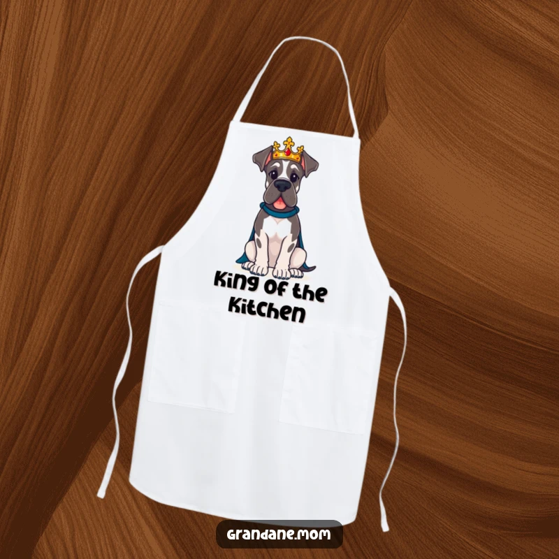 Funny Great Dane dog wearing a crown sits proudly in this humorous kitchen apron.