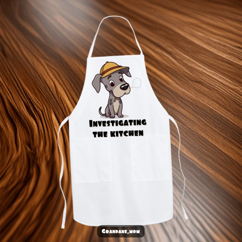 Funny Great Dane detective apron, featuring a dog in a hat looking for clues, perfect for kitchen use and gifts.
