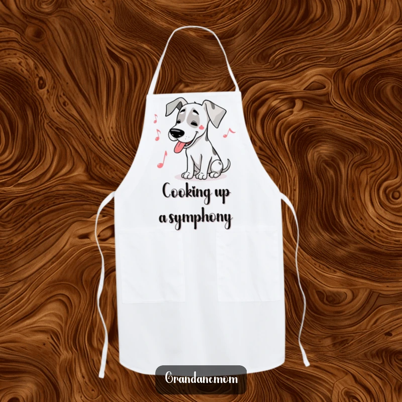 Funny Great Dane musician apron showing a large dog humming a tune, with a musical note symbolizing the melody.