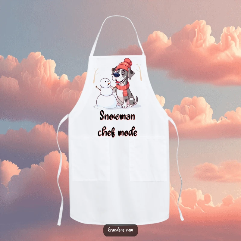 Funny Great Dane Apron: A dog wearing a hat and apron builds a snowman, perfect for humorous winter cooking.