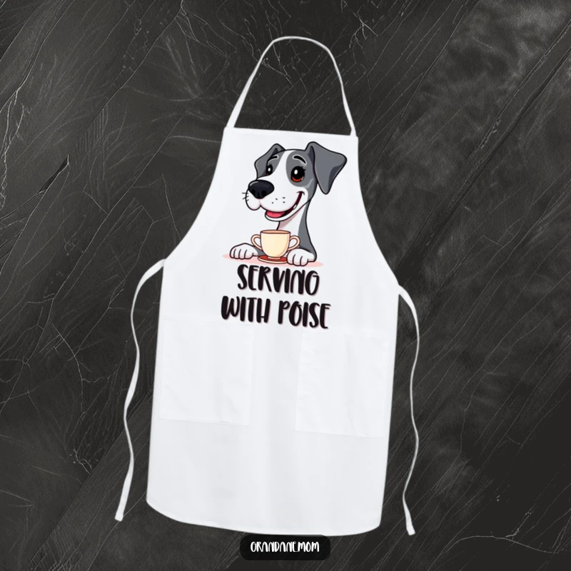 Funny Apron shows a Great Dane with perfect poise, a teacup balancing on its nose, ready for kitchen adventures.