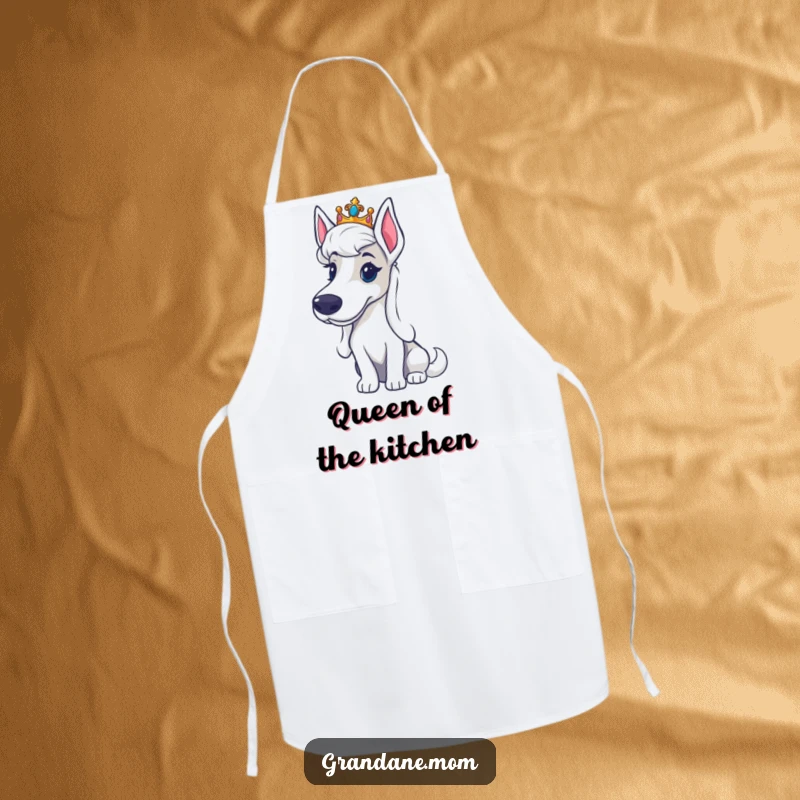 Funny Grand Dane tiara apron with a large dog wearing a miniature crown, looking regal and dignified, designed for elegant cooking.
