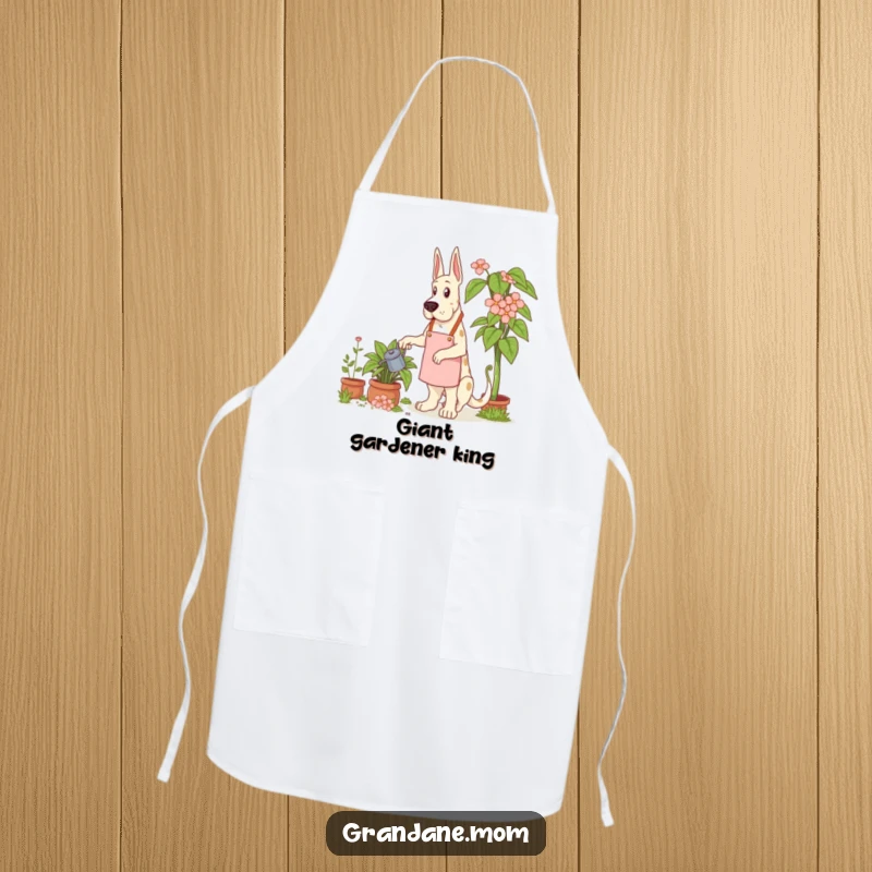 Funny Grand Dane Gardener Apron showing a Grand Dane dog in a gardening apron, tending to a giant plant while cooking.