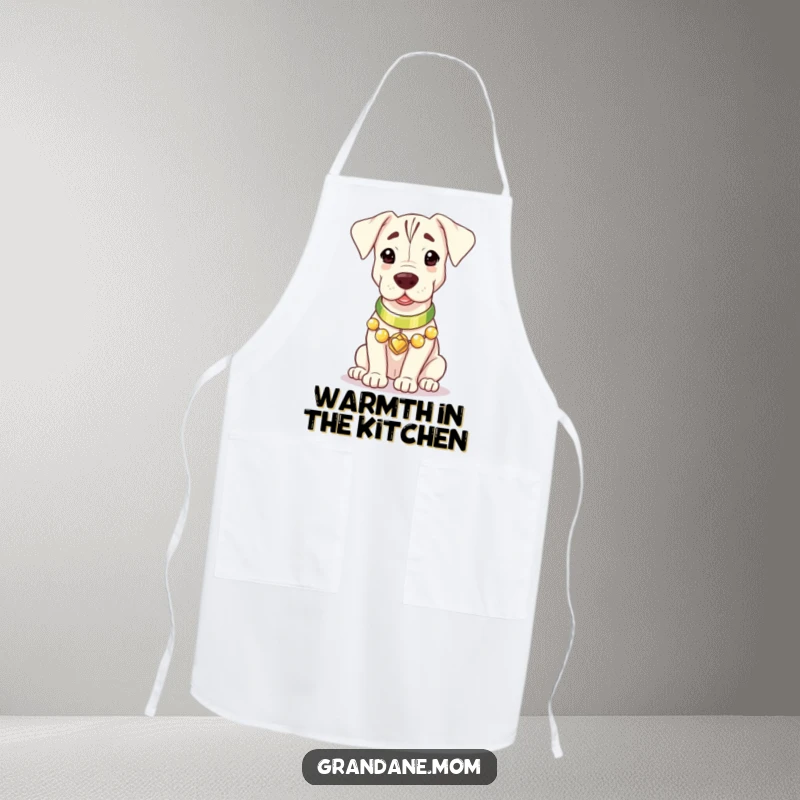 A Grand Dane wearing a polished collar, radiating gentle warmth, printed on a functional apron for the kitchen.