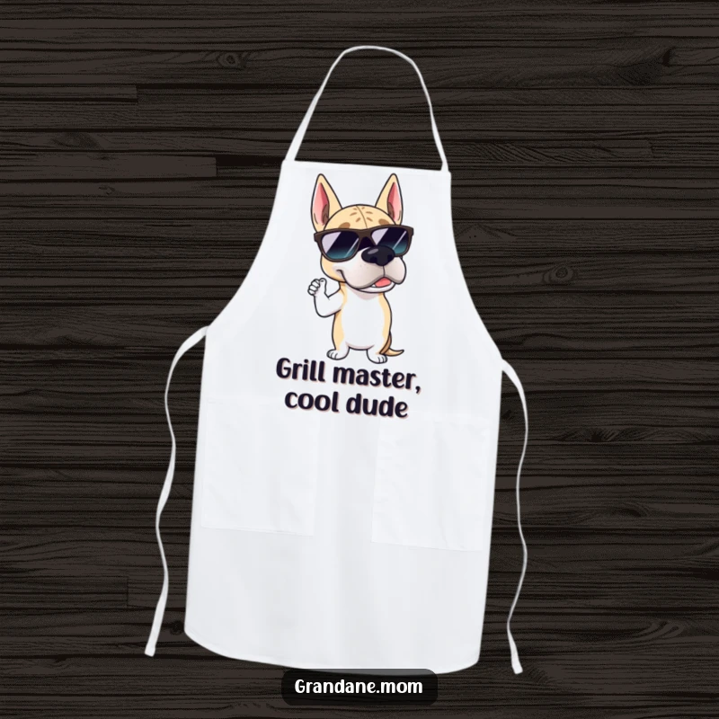 Funny Grand Dane sunglasses apron with a large dog wearing cool shades and striking a suave pose, designed for chic kitchen activities.