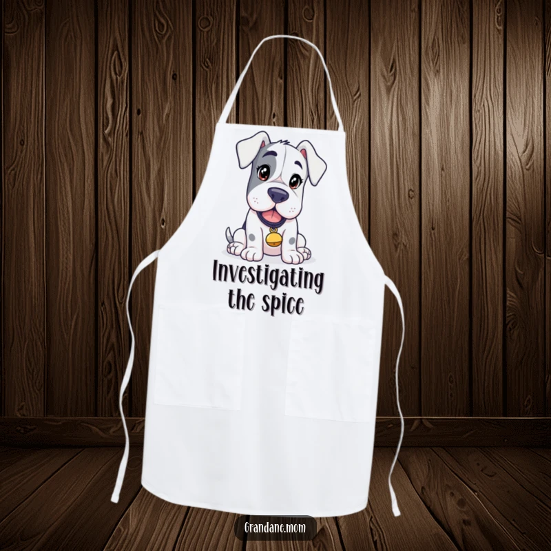 Funny Grand Dane Explorer Apron, a curious dog with a tinkling bell, ready to cook, a humorous kitchen gift.