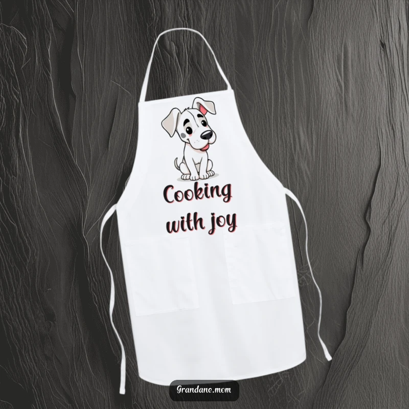 Funny kitchen apron showing a happy Grand Dane with floppy ears, its tail wagging contentedly, adding humor to cooking.