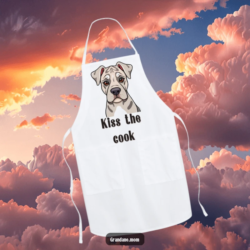 Funny Grand Dane Apron: A Grand Dane with soulful eyes offers a gentle lick, adding heartwarming and humorous charm to kitchen wear.