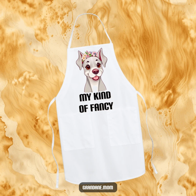 Funny apron showing a cheerful Grand Dane dog wearing a dainty floral headband, perfect for kitchen or garden tasks.