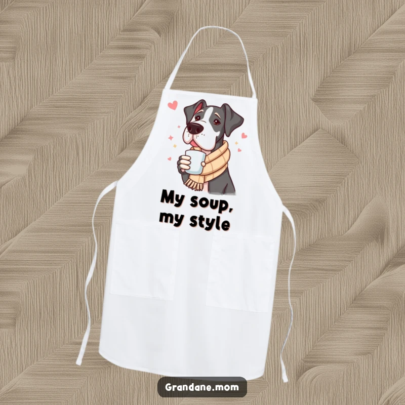 Funny Great Dane Apron: A Great Dane wearing a scarf and apron stands ready to cook, bringing humor to the kitchen.