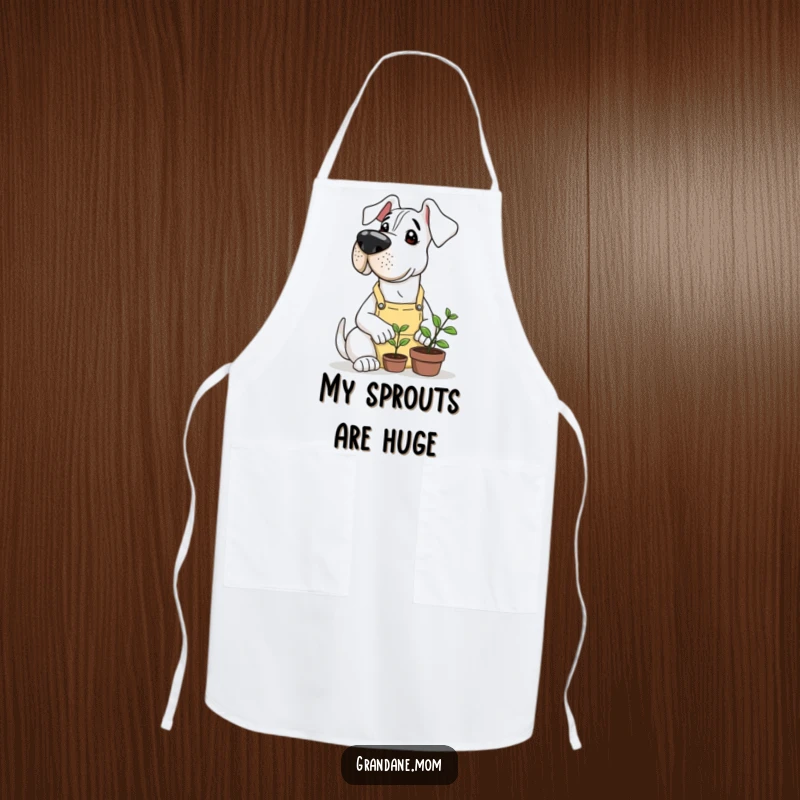 Funny Grand Dane in a gardening apron, carefully tending to a very small sprout, printed on a functional kitchen or garden apron.