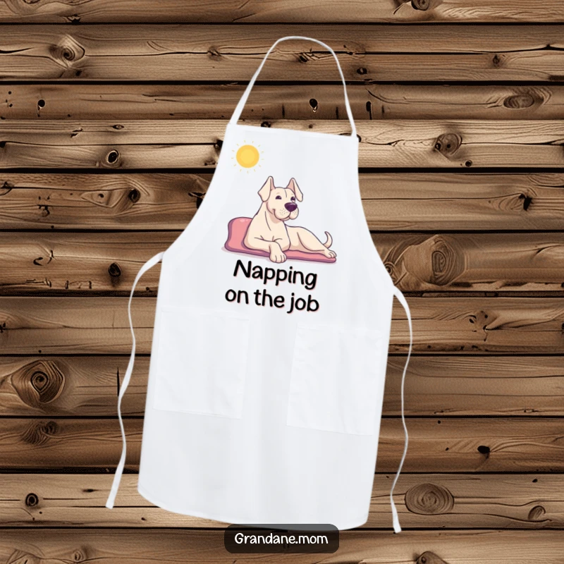 Funny Grand Dane apron showing a content dog stretching in the sun, ideal for cooks who appreciate a relaxed kitchen atmosphere.