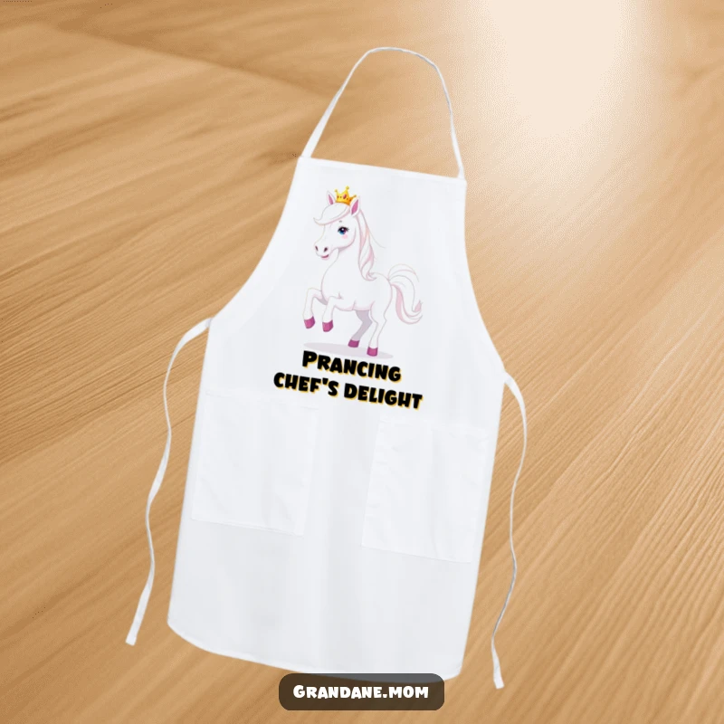 Funny Grand Dane dog wearing a tiara, prancing playfully on a protective apron, adding joyful humor to cooking.