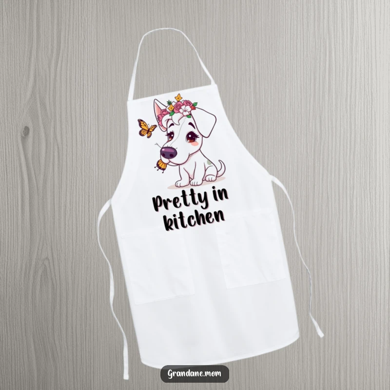 Funny apron featuring a Grand Dane with a flower crown, playfully batting at a butterfly, adding charm to kitchen tasks.