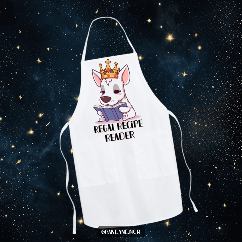 Funny Grand Dane Royal Chef Apron, a crowned dog studying, ready to cook, a humorous and practical kitchen gift.