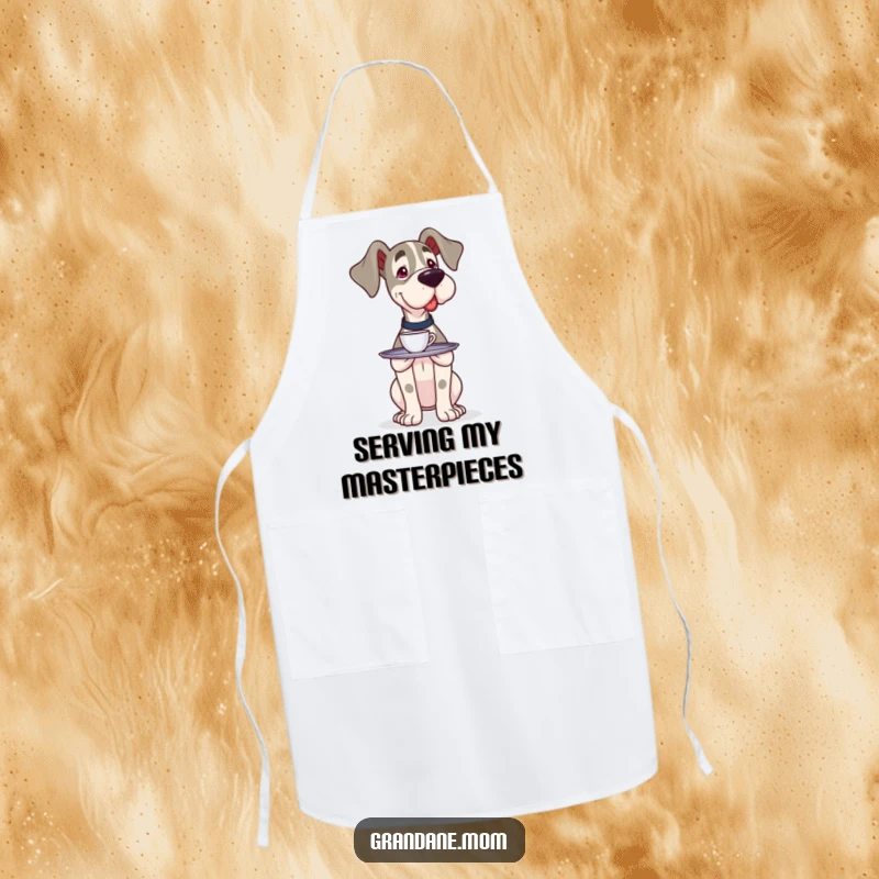 Funny Grand Dane server apron with a large dog carefully balancing a tray holding one cup, designed for precise serving.