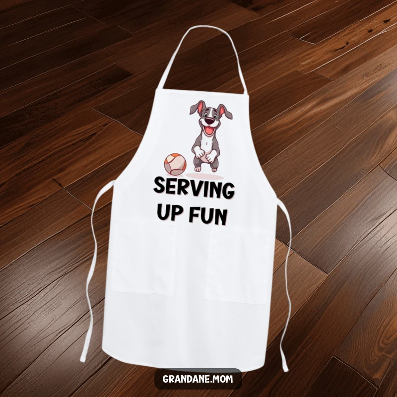 Funny Apron showing a happy Great Dane playing fetch with a comically large ball, bringing cheer to the kitchen.