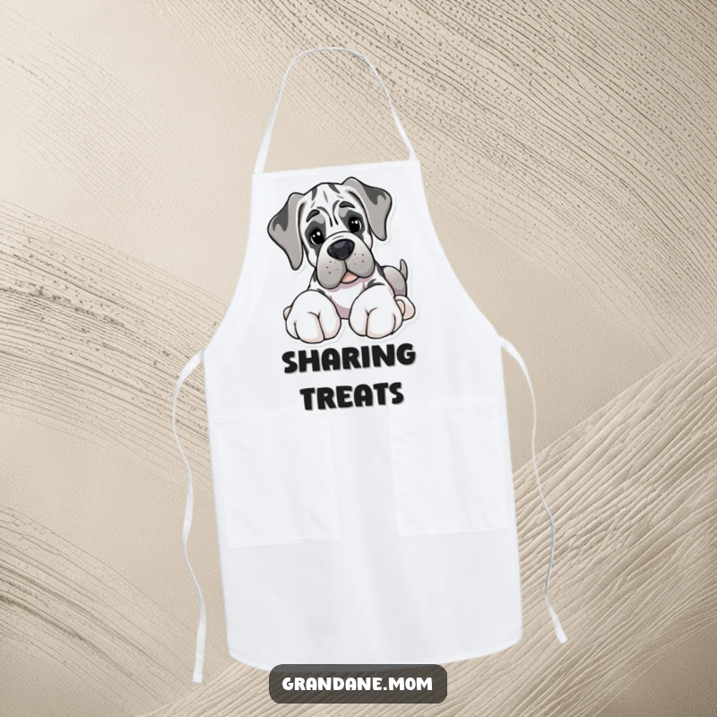 Funny kitchen apron with a Grand Dane featuring giant paws, kindly offering a soft toy, perfect for gentle giant chefs.