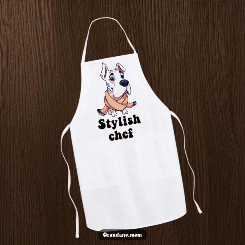 Funny Grand Dane apron showing a large dog wearing a fashionable scarf, ideal for stylish kitchen adventures.