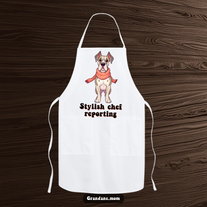 Funny Grand Dane Fashion Apron, a proud dog with an elegant scarf, ready to cook, a humorous kitchen gift.