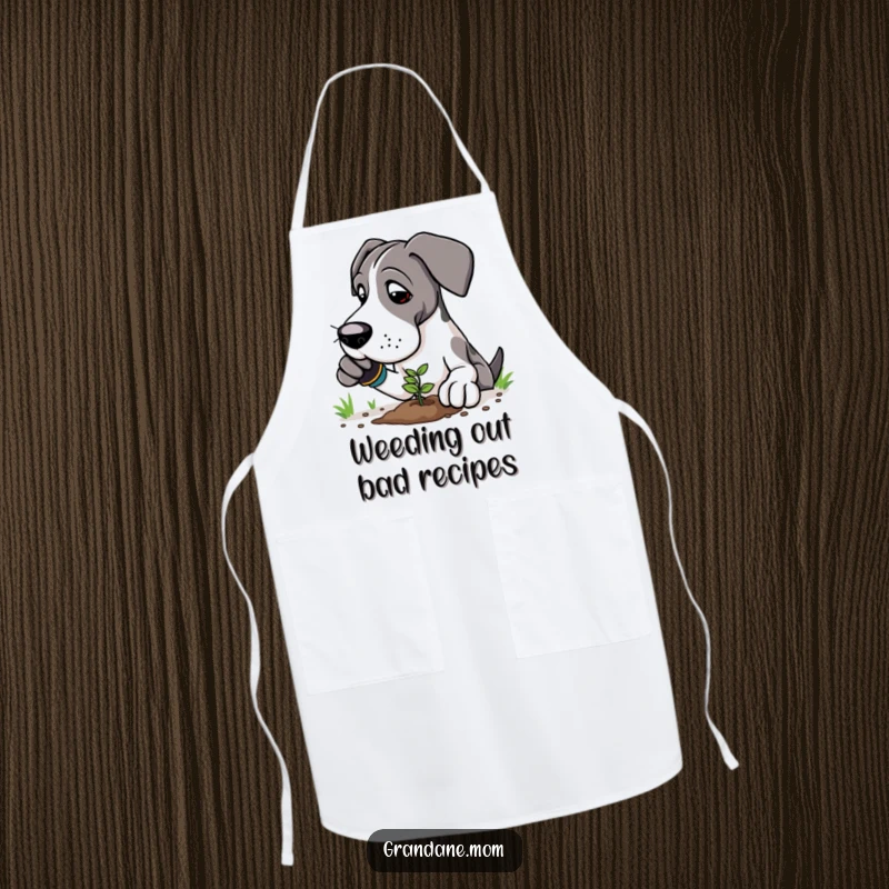 Funny Great Dane gardener apron showing a large dog in gloves, planting a seedling with care and a smile.