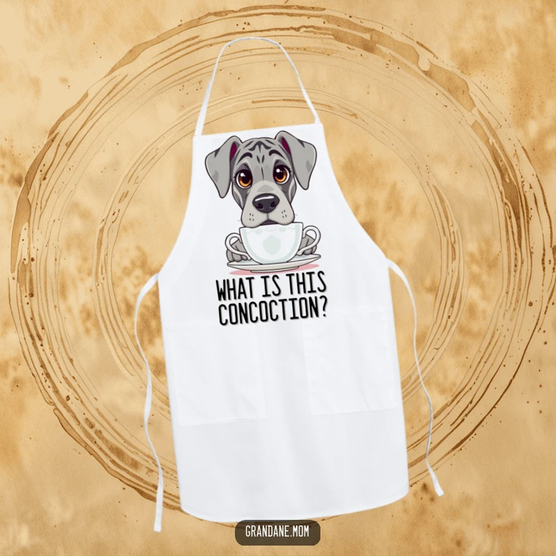 Funny Grand Dane apron, a dog with large, curious eyes peering over a teacup during a tea break.