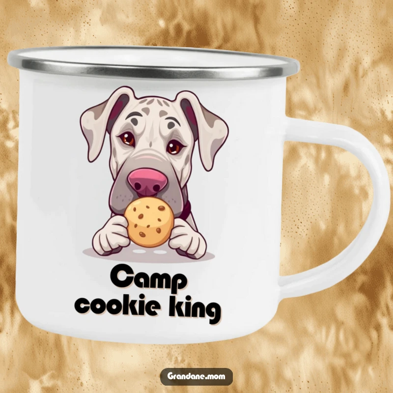 Funny Grand Dane camping mug, winking with a tea cookie, durable outdoor drinkware, perfect funny gift.