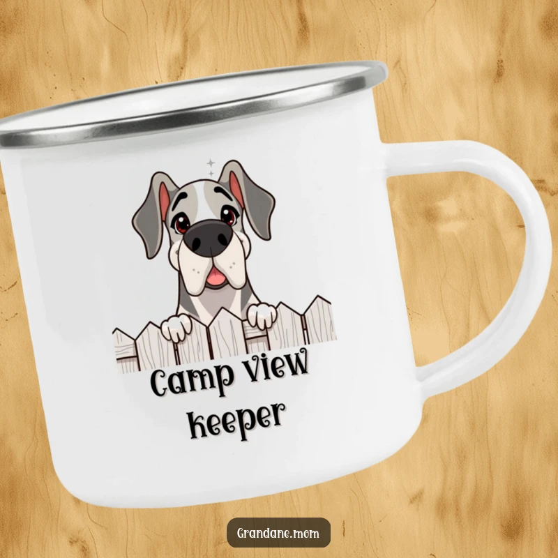 Funny Grand Dane camping mug, a delighted dog peeking over a fence with a friendly gaze, perfect for outdoor views.
