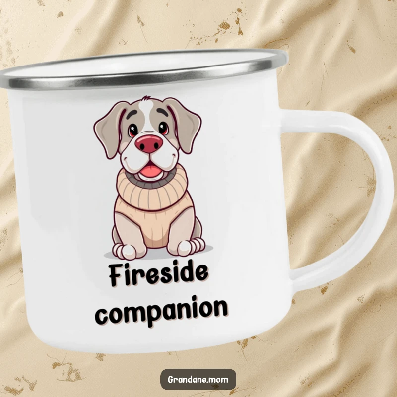 Funny, jolly Grand Dane wearing a knitted sweater and looking cozy, perfect for enjoying beverages outdoors.