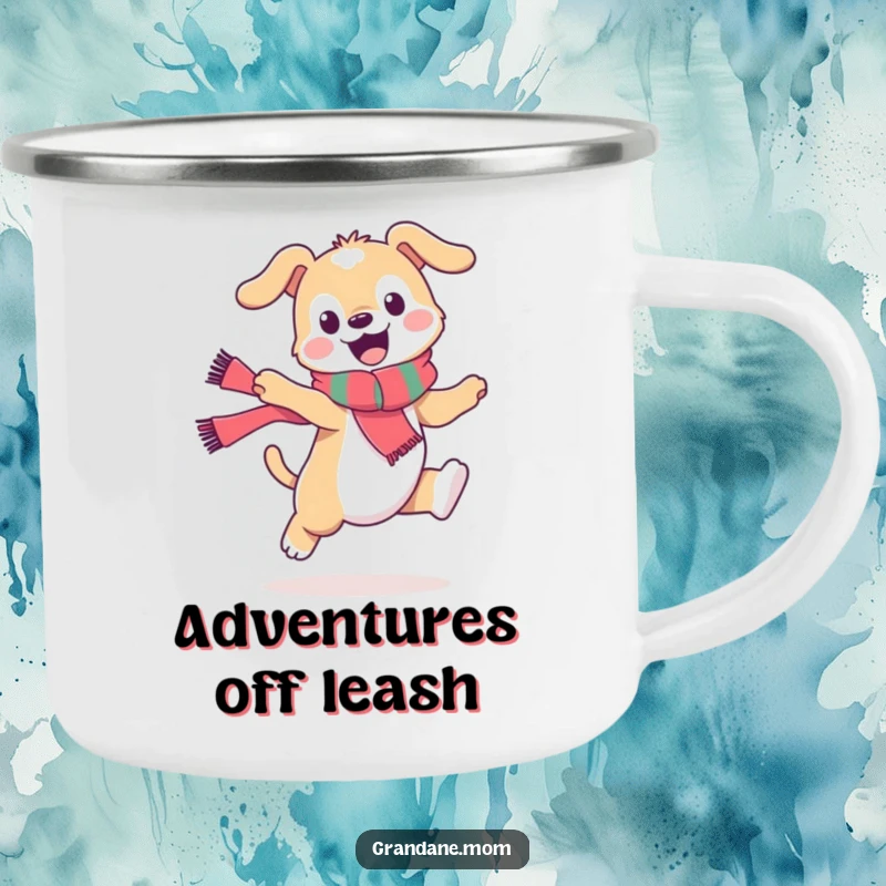 Funny daniff camping mug, a stylish dog with a scarf mid-playful leap, perfect for outdoor adventures with a touch of humor.