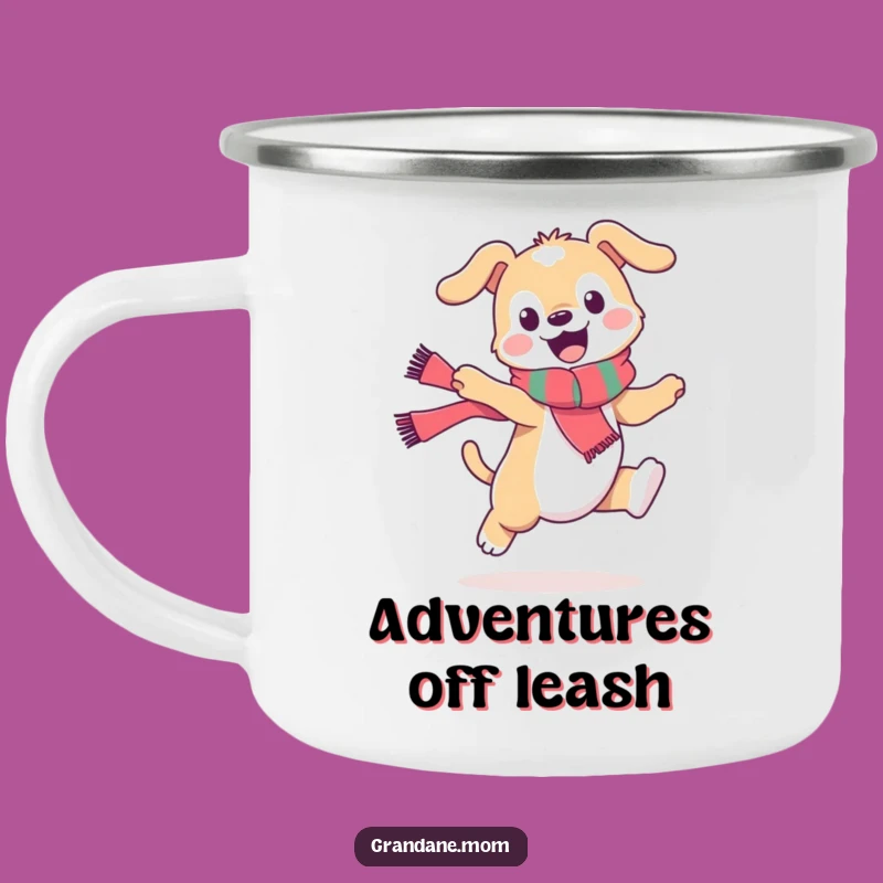 Funny Daniff Scarf Leap Camping Mug: Adventure Fuelled by Canine Comedy