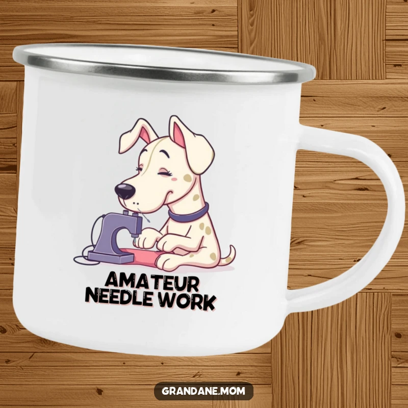 Funny Grand Dane with oversized needles attempting to sew a tiny button, on a rustic enamel camping mug for outdoor laughs.