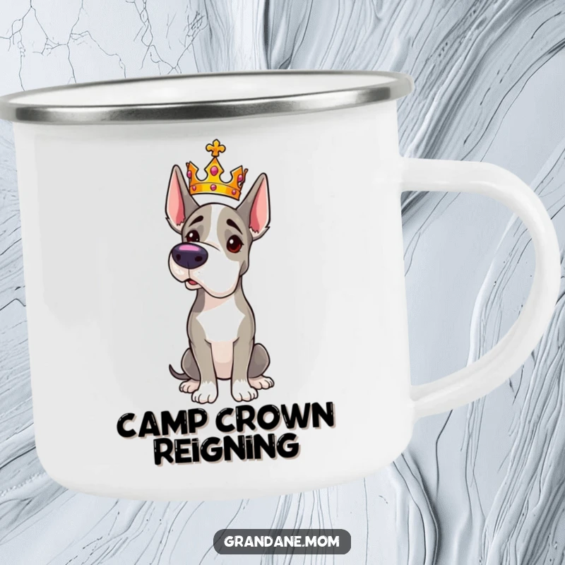 Funny Grand Dane camping mug depicting a majestic dog wearing a tiny crown and striking a regal pose.