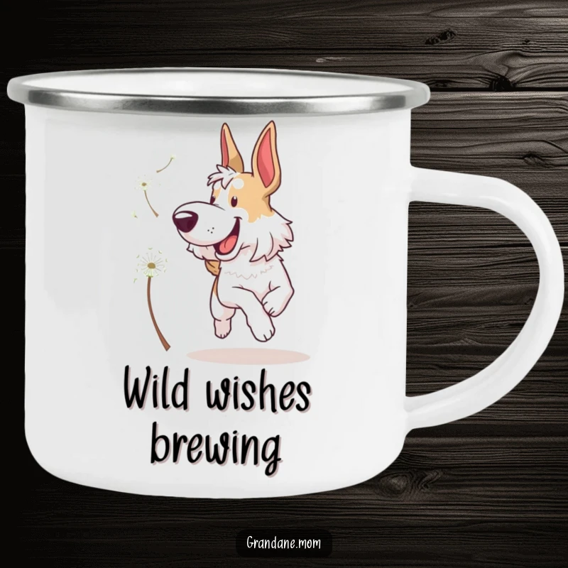 Funny Grand Dane Camping Mug: A happy dog chasing a dandelion seed during a scenic outdoor adventure, perfect for coffee lovers.