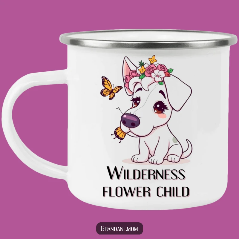 Funny Grand Dane Flower Crown Camping Mug: Gentle Sips Under the Stars