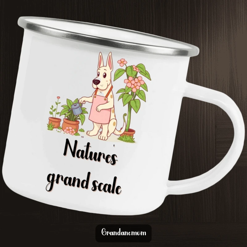 Funny Grand Dane Gardener Camping Mug of a Grand Dane dog in a gardening apron, watering a giant plant.