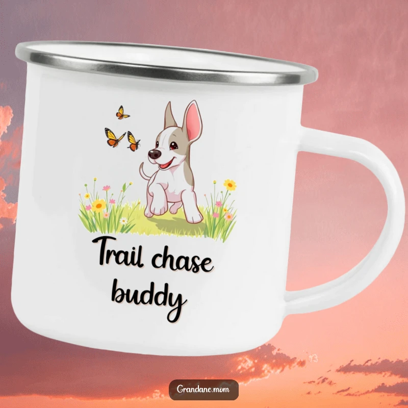 Funny, playful Grand Dane chasing a butterfly in a sunny meadow, perfect for enjoying morning coffee outdoors.