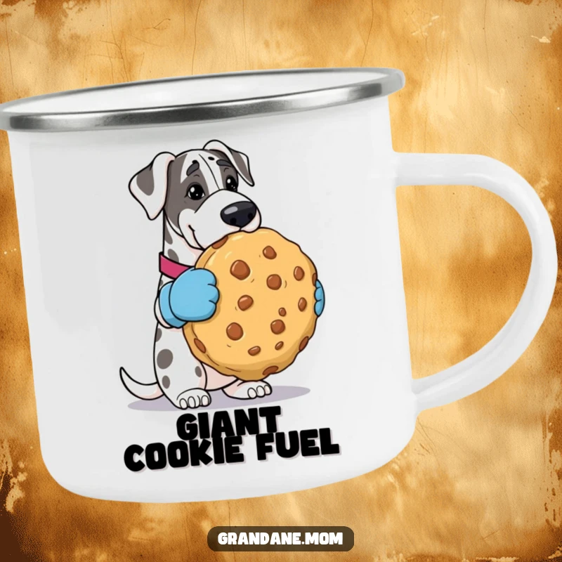 Funny Grand Dane camping mug, dog with oven mitts holding a huge cookie, ready for outdoor fun. Perfect funny gift for adventurers.