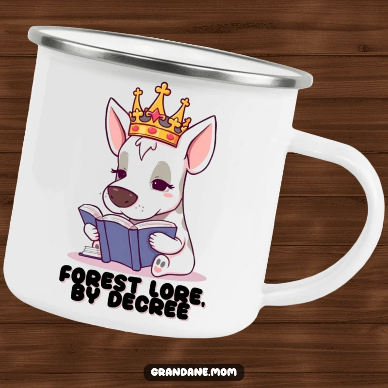 Funny Grand Dane Royal Adventurer Mug, a crowned dog reading, ready for the outdoors, a durable and humorous camping gift.